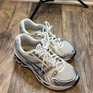 White and Silver ASICS Gel Kayano Sneakers